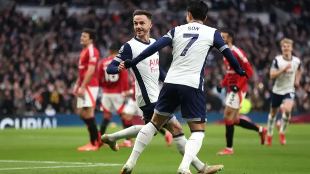 Tottenham Hotspur's James Maddison celebrates scoring against Manchester United