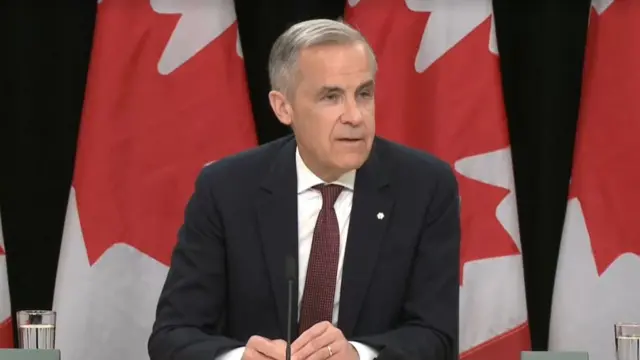 Carney sits at a table talking in front of Canada flags