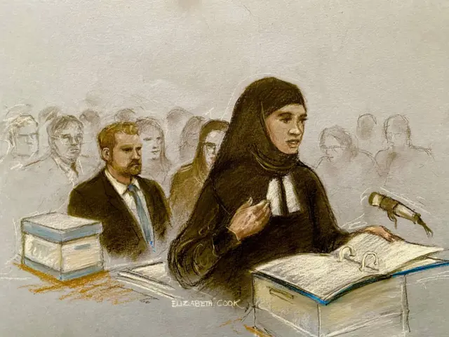 Court artist sketch by Elizabeth Cook of Shaheed Fatima KC, watched by the Duke of Sussex