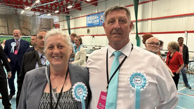 Dave and Sue Gaskell smiling and wearing pale blue Reform UK rosettes. They are standing in the sports hall where they have just been elected
