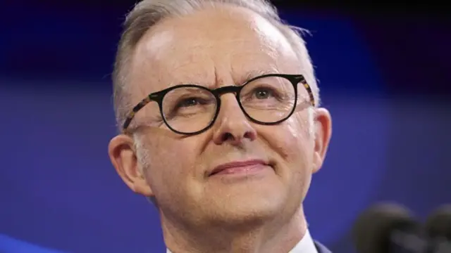 A close-up of Anthony Albanese's face
