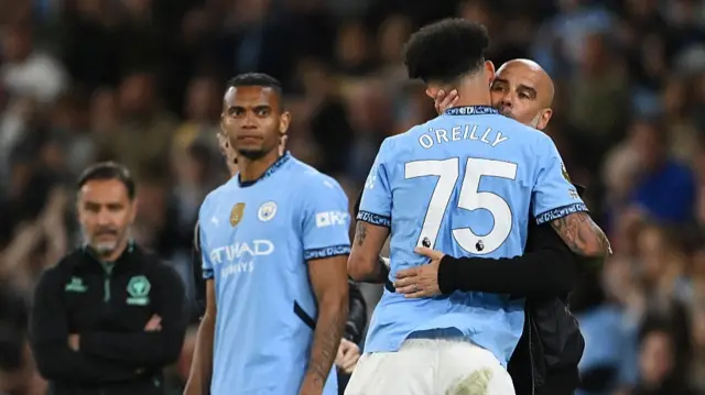 Nico O'Reilly goes off as a substitute for Man City