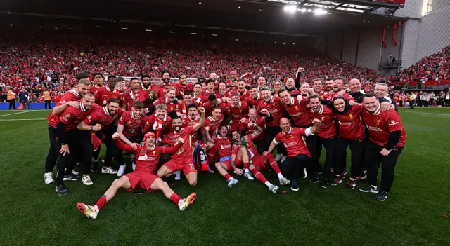 Liverpool celebrate winning the Premier League title