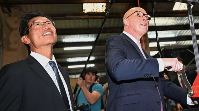 Opposition Leader Peter Dutton alongside Liberal candidate for Tangney, Howard Ong