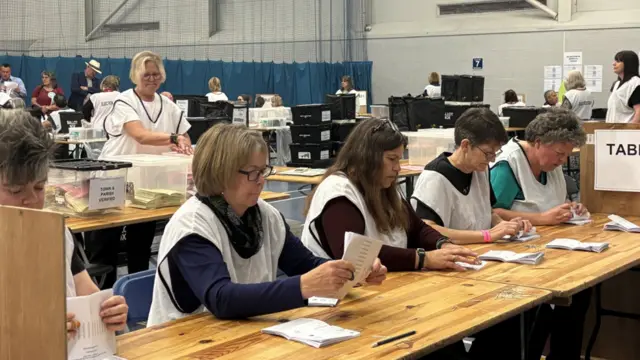 Five women sit at a wooden table counting votes. They are wearing white election staff tabards