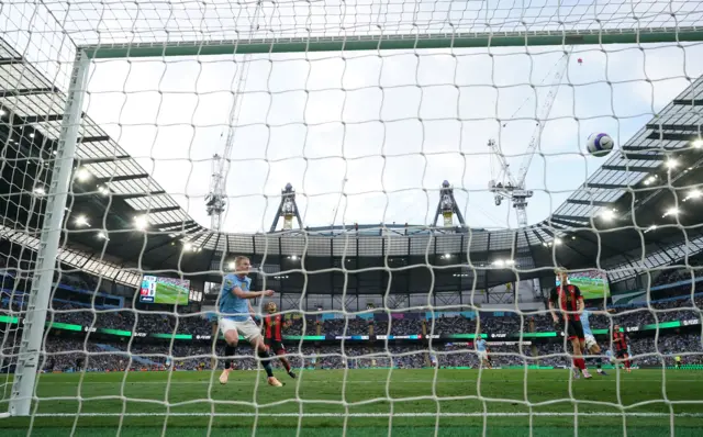 Manchester City's Kevin De Bruyne hits the bar