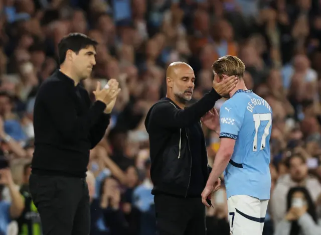 Manchester City's Kevin De Bruyne reacts as he is substituted after playing his last match at the Etihad Stadium