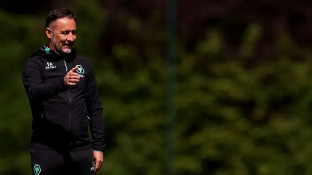 Vitor Pereira, head coach of Wolverhampton Wanderers looks on during a Wolverhampton Wanderers Training Session at The Sir Jack Hayward Training Ground on May 15, 2025 in Wolverhampton, England. (