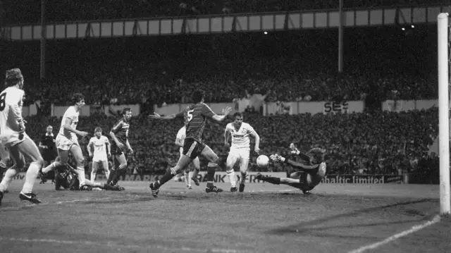 Spurs skipper Graham Roberts scores for Tottenham against Anderlecht in 1984