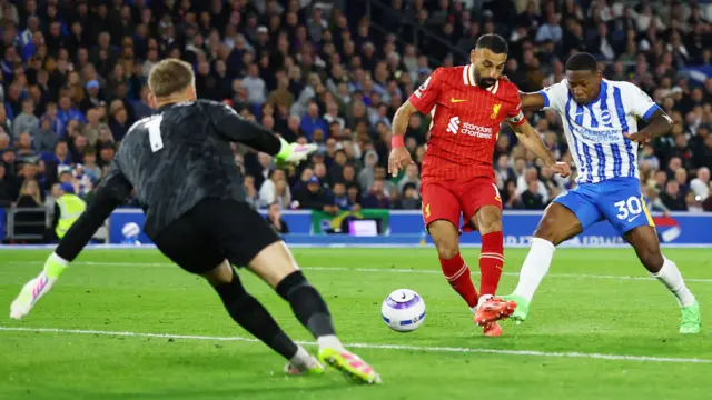 Mohamed Salah turns a shot wide while playing for Liverpool against Brighton