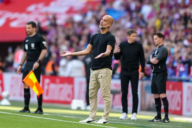 Head Coach Pep Guardiola of Manchester City during the Emirates FA Cup Final match between Crystal Palace and Manchester City at Wembley Stadium on May 17, 2025 in London, England.