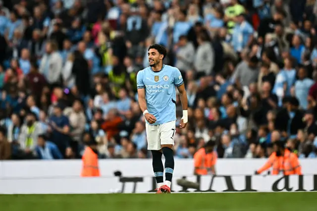 Manchester City's Egyptian striker #07 Omar Marmoush celebrates