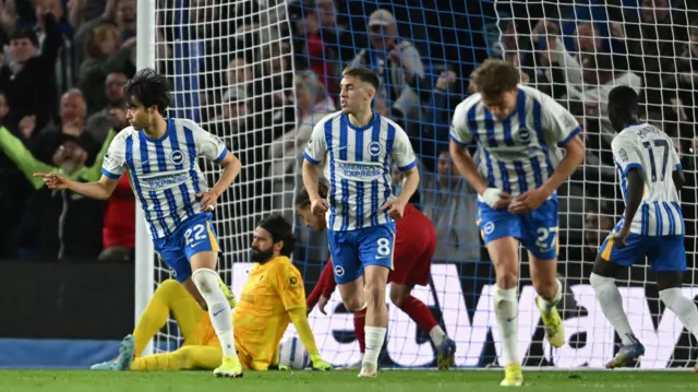 Kaoru Mitoma celebrates scoring for Brighton against Liverpool