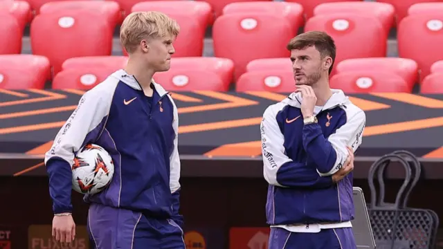 Lucas Bergvall and James Maddison look on ahead of the Europa League Final