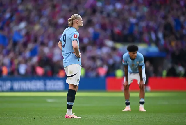 Erling Haaland of Manchester City looks dejected following defeat in the Emirates FA Cup Final match between Crystal Palace and Manchester City at Wembley Stadium on May 17, 2025 in London, England.