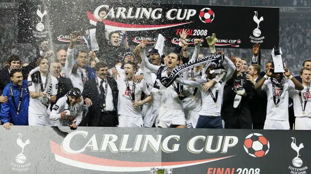 Tottenham players celebrate after beating Chelsea in the 2008 League Cup final