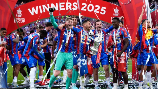 Crystal Palace players celebrate winning the 2025 FA Cup final