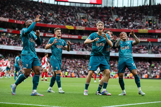 : Dean Huijsen of Bournemouth celebrates after scoring to make it 1-1 with team-mates Antoine Semenyo, Milos Kerkez, Alex Scott and Marcus Tavernier during the Premier League match between Arsenal FC and AFC Bournemouth at Emirates Stadium on May 03, 2025 in London, England.