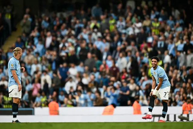 Manchester City's Egyptian striker #07 Omar Marmoush celebrates after scoring his team first goal