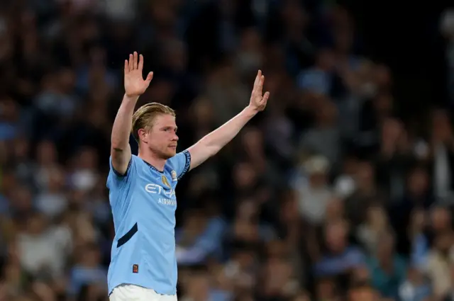 Manchester City's Kevin De Bruyne reacts as he is substituted after playing his last match at the Etihad Stadium