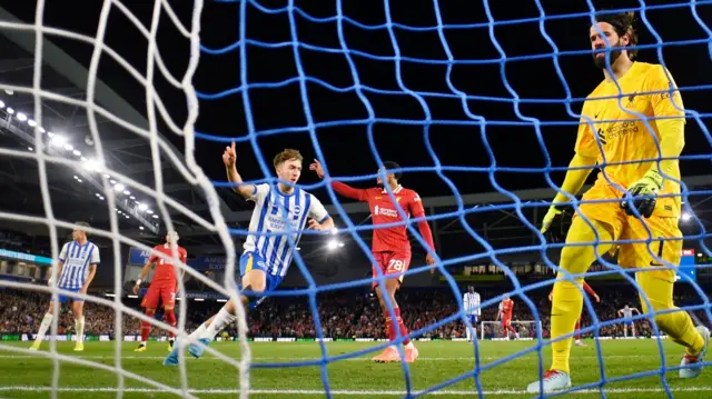 Jack Hinshelwood celebrates after scoring for Brighton against Liverpool