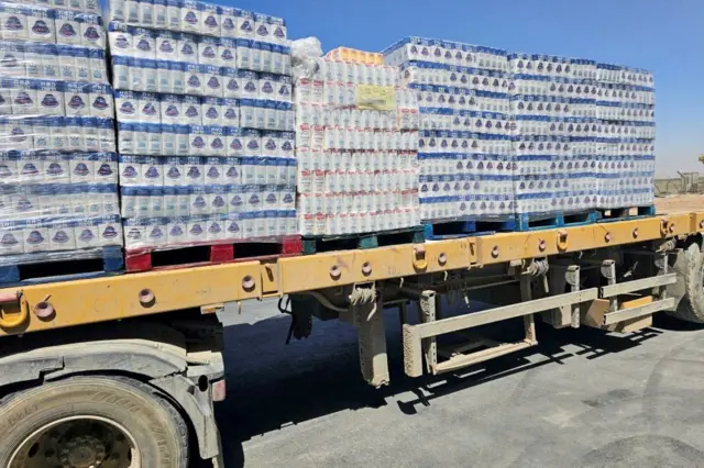 A truck  loaded with aid is seen at the Kerem Shalom crossing