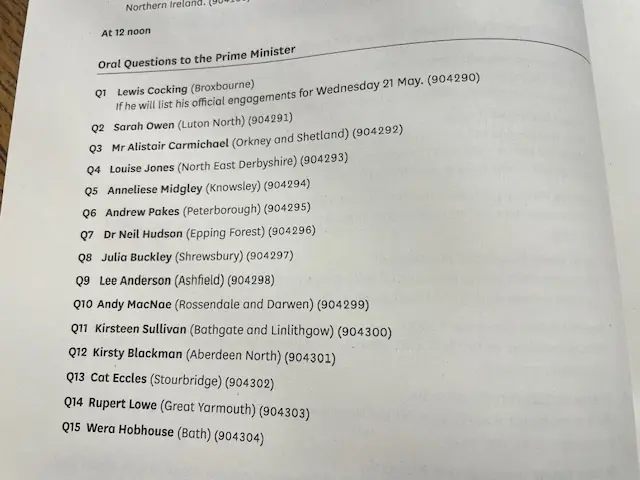 Today's Commons Order Paper
