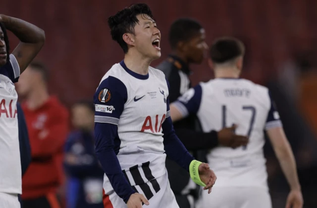 Tottenham Hotspur's Son Heung-min and Oyindamola Ajayi celebrate