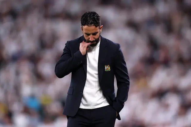 Ruben Amorim, Manager of Manchester United, reacts