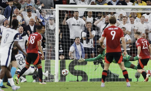 Tottenham Hotspur's Brennan Johnson scores their first goal