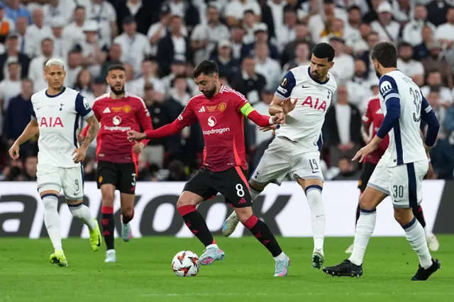 Bruno Fernandes and Tottenham Hotspur's English forward #19 Dominic Solanke vie for the ball