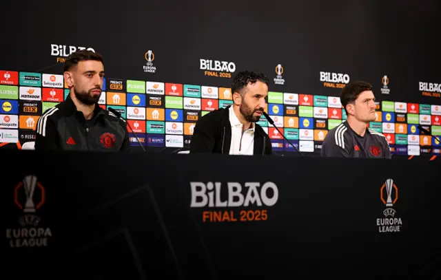 Bruno Fernandes, Ruben Amorim and Harry Maguire at the pre-match press conference