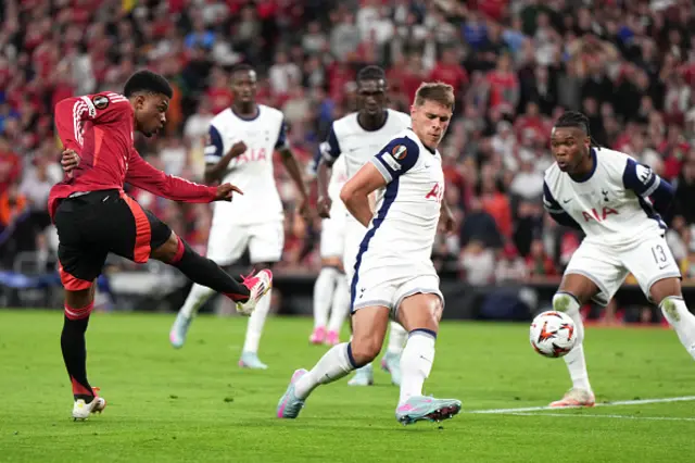 Amad Diallo (L) shoots past Tottenham Hotspur's Dutch defender Micky van de Ven