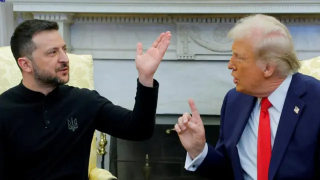 Zelensky (left) has his hands raised as he talks with Trump who also has a finger raised.