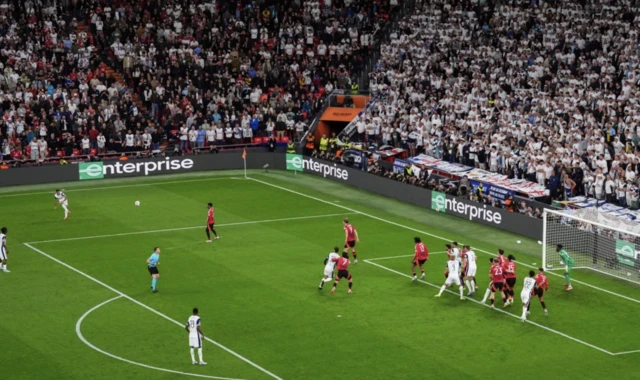 Tottenham Hotspur's Pedro Porro takes a free kick