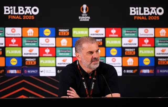Ange Postecoglou, Manager of Tottenham Hotspur, speaks to the media