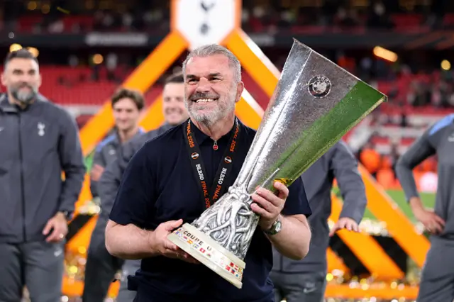 Ange Postecoglou, Manager of Tottenham Hotspur, celebrates