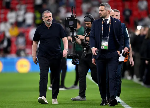 Ange Postecoglou, Manager of Tottenham Hotspur, is filmed by a steady cam