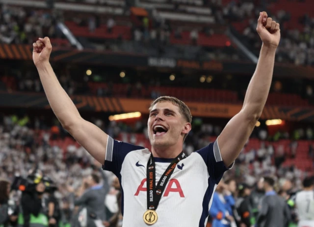 Tottenham Hotspur's Micky van de Ven celebrates after winning the Europa League