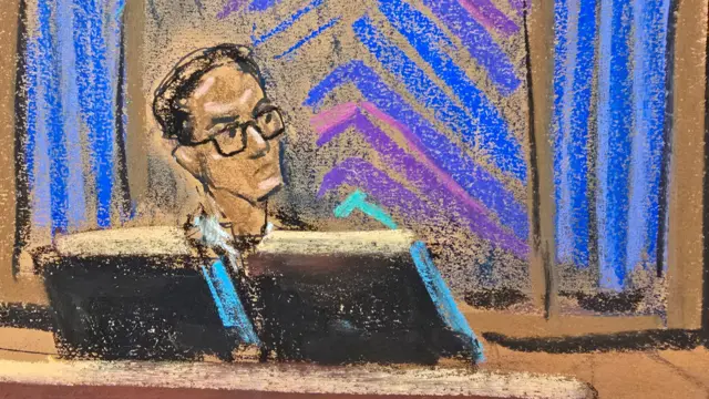 A courtroom sketch of US District Judge Arun Subramanian as he looks to his left