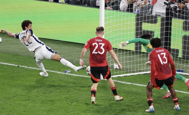 Tottenham Hotspur's Brennan Johnson scores