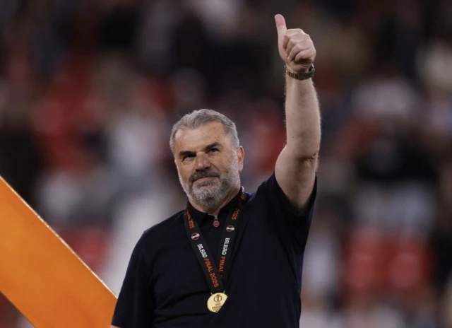 Tottenham Hotspur manager Ange Postecoglou celebrates after winning