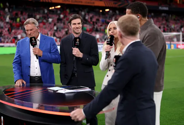 TNT Sports pundit Glenn Hoddle, Former Tottenham Hotspur footballer Gareth Bale and TNT Sports Presenter Lynsey Hipgrave