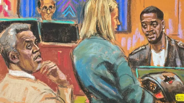A court sketch shows Kid Cudi on the stand at Sean "Diddy" Combs' trial