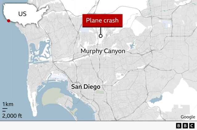 Map showing the location of the plane crash, near to Murphy Canyon in San Diego