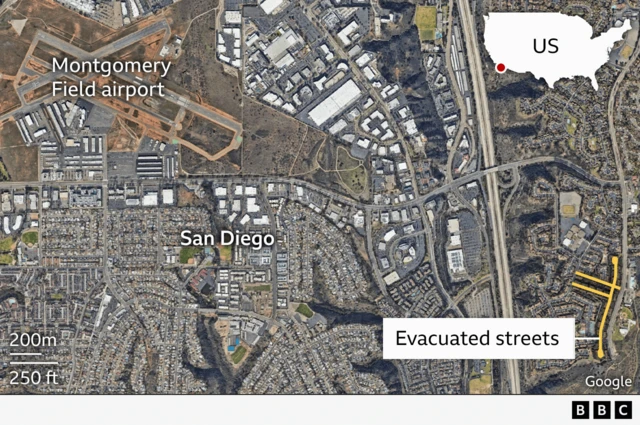 An aerial satellite map showing the site of the crash and evacuated streets in San Diego