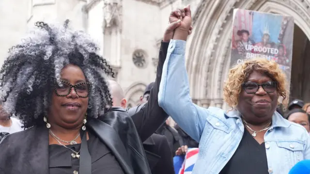 Bertice Pompe (left) and Bernadette Dugasse outside the High Court on Thursday