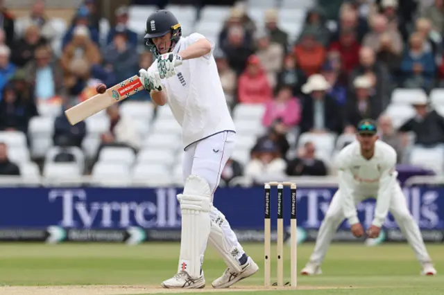 England's Zak Crawley hits a boundary on the first day