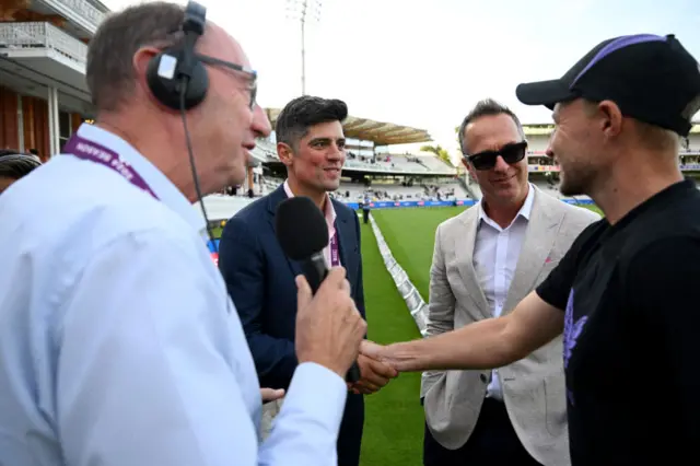 Jonathan Agnew, Alastair Cook, Michael Vaughan and Joe Root