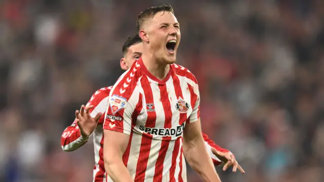 Dan Ballard celebrating his late goal for Sunderland in their play-off semi-final against Coventry